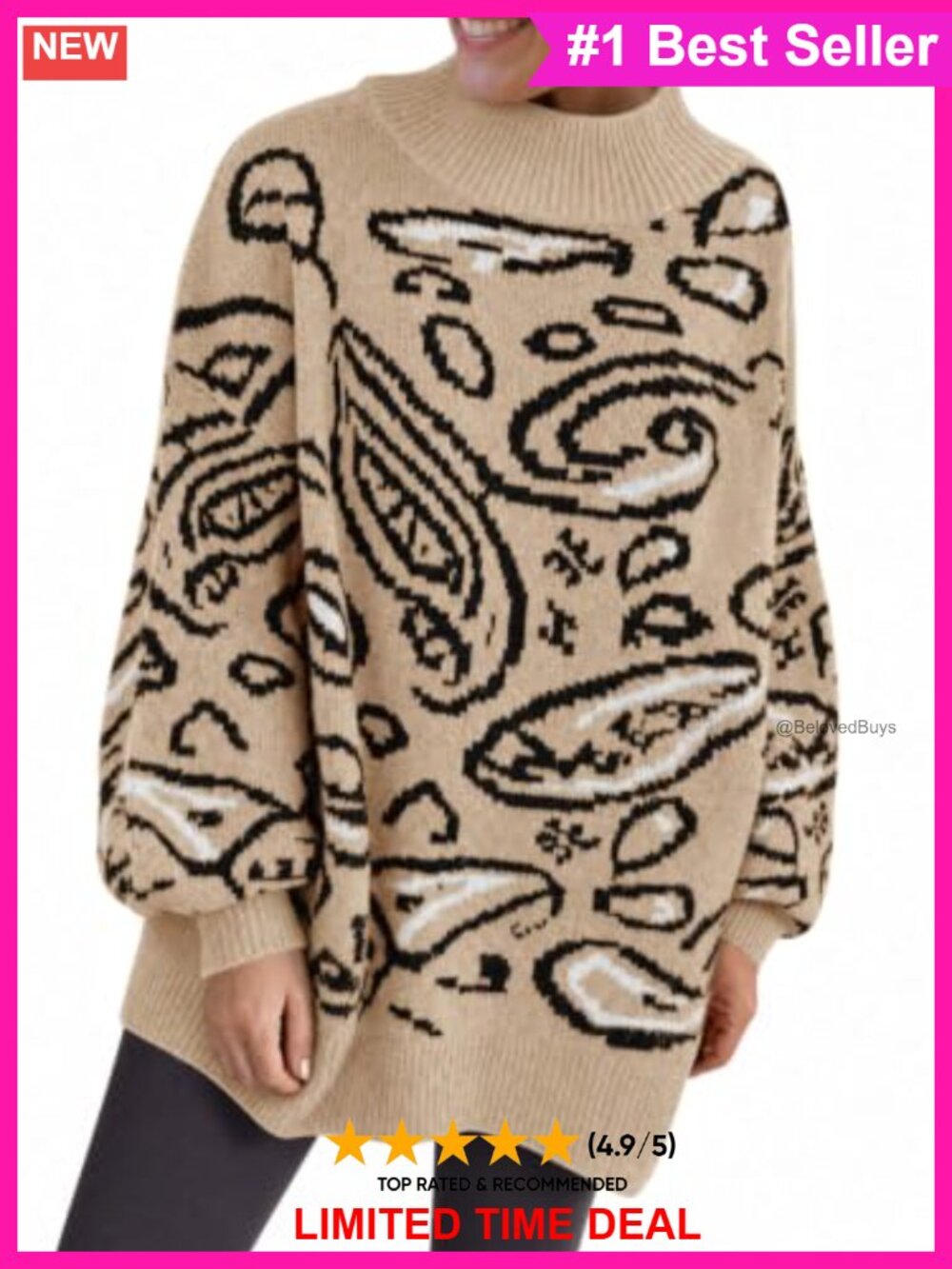 Oversized Striped Chunky Knit Sweater Mock Neck Pullover Tunic